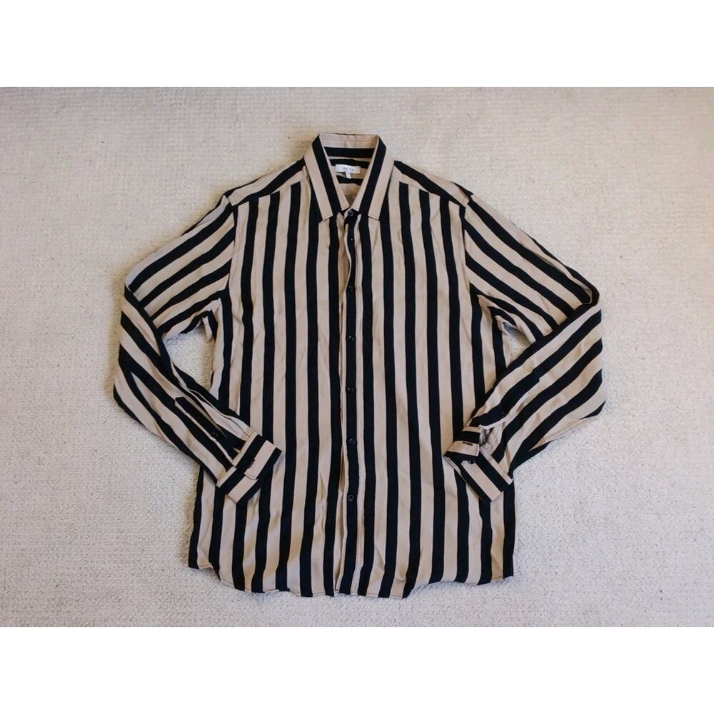 Reiss Kase Nude & Black Striped Long Sleeve Shirt Mens Large 100% Viscose